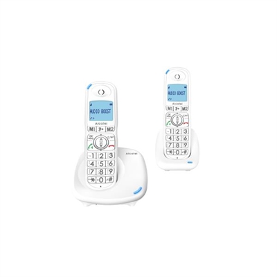 Alcatel ATL1417555 ¡El confort en formato XL!Alcatel XL575 es un teléfono inalámbrico simple de usar y de un gran confort gracias a sus ventajas formato XL.Su increíble calidad sonora simplifica las conversaciones: la tecla audio-boost permite duplicar el volumen sonoro del auricular durante una llamada y la función manos libres es ajustable con 5 niveles para compartir las conversaciones.Para un confort visual, Alcatel XL575 está equipado de una gran pantalla retro iluminada con grandes caracteres ultra legibles y también de un teclado ergonómico con grandes teclas para facilitar la numeración. Dispone también de un LED de llamada entrante en la base y en el auricular.Su forma ergonómica facilita la llamada y las 2 teclas de llamadas directas (M1 y M2) permiten contactar fácilmente con los números favoritos. También dispone de una agenda de 50 nombres y números para guardar los contactos favoritos.XL575 existe en pack dúo para equipar todo el hogar. También dispone de la función transferencia automática de la agenda. ¡Muy práctica!Gran pantalla retro iluminada con grandes caracterespara un confort visualLED de llamada entrantepara mostrar visualmente una llamada entrantecompatible con la mayoría de aparatos auditivospara estar siempre en contacto.
