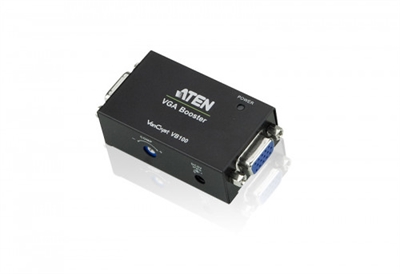 Aten VB100-AT-G El amplificador VGA VB100 amplifica la señal VGA procedente de un dispositivo fuente para poder transmitirla a distancias de hasta 70 m. El amplificador VGA alarga la distancia sin pérdidas – para garantizar una calidad de imagen nítida incluso con distancias largas. El VB100 presenta una carcasa compacta, es fácil de instalar y el control de ganancia manual permite mejorar la calidad de imagen en función de la distancia. El VB100 obtiene su energía de la fuente de señal VGA y lleva un indicador LED incorporado para señalizar que está encendido. El VB100 admite la conexión “en caliente” y no requiere ningún software a la hora de instalarse. En resumen, se trata de una solución fácil, compacta y económica para alargar la distancia de instalación de su pantalla VGA.