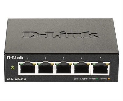 D-Link DGS-1100-05V2 5-Port Gigabit Easysmart Switch                    - 5-Port 100Basetx Auto-Negotiating 10/100/1000Mbps Switch - Puertos Lan: 5 N; Tipo Y Velocidad Puertos Lan: Rj-45 10/100/1000 Mbps; Power Over Ethernet (Poe): No; Gestión: Smartmanaged; No. Puertos Uplink: 0; Soporte Routing: No; No. Puertos Poe: 0
