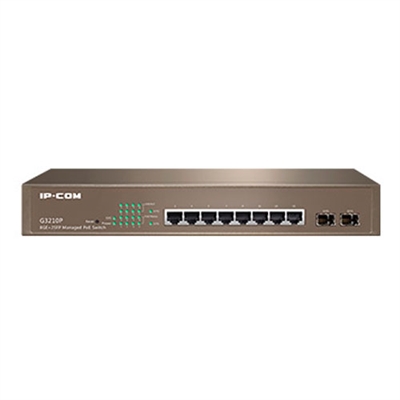 Ip-Com G3210P IP-COM Networks G3210P. Tipo de interruptor: Gestionado. Puertos tipo básico de conmutación RJ-45 Ethernet: Gigabit Ethernet (10/100/1000), Cantidad de puertos básicos de conmutación RJ-45 Ethernet: 8, Número de módulos SFP instalados: 2. Tabla de direcciones MAC: 8000 entradas, Capacidad de conmutación: 20 Gbit/s. Estándares de red: IEEE 802.1D,IEEE 802.1Q,IEEE 802.1w,IEEE 802.3,IEEE 802.3ab,IEEE 802.3ad,IEEE 802.3af,IEEE.... Energía sobre Ethernet (PoE). Montaje en rack, Factor de forma: 1U