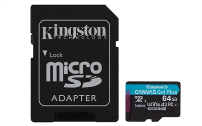 Kingston SDCG3/64GB Kingston Canvas Go! Plus - Tarjeta de memoria flash (adaptador microSDXC a SD Incluido) - 64 GB - A2 / Video Class V30 / UHS-I U3 / Class10 - microSDXC UHS-I