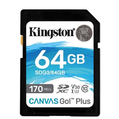 Kingston SDG3/64GB Kingston Canvas Go! Plus - Tarjeta de memoria flash - 64 GB - Video Class V30 / UHS-I U3 / Class10 - SDXC UHS-I