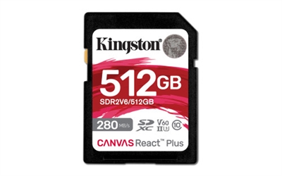 Kingston SDR2V6/512GB Kingston Technology Canvas React Plus. Capacidad: 512 GB, Tipo de tarjeta flash: SDXC, Clase de memoria flash: Clase 10, Tipo de memoria interna: UHS-II, Velocidad de lectura: 280 MB/s, Velocidad de escritura: 150 MB/s, Clase de velocidad UHS: Class 3 (U3), Clase de velocidad de vídeo: V60. Color del producto: Negro