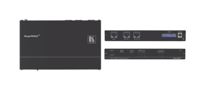 Kramer 10-80444090 VM-2DT es un extensor de rango y distribuidor de alta calidad para señales 4K@60Hz (4:2:0) HDBaseT. Este equipo ecualiza y regenera la entrada HDBaseT y la distribuye a dos salidas idénticas HDBaseT. El VM-2DT distribuye las señales HDBaseT con una resolución máxima 4K, permitiendo re-extender la señal a larga distancia.- Distribucción de Alta Calidad — Distribuye una señal HDBaseT nativa a dos salidas HDBaseT con una resolución máxima de 4K.- Extensión Dual — Extiende una señal de video 4K@60Hz (4:2:0) 24bpp a una distancia de hasta 40m e incluso mayor para resoluciones inferiores, empleando un cable de cobre CAT.- Compatibilidad: — Se puede conectar a cualquier equipo certificado HDBaseT del mercado.- Transmisión HDMI — Conforme a HDMI 2.0 y HDCP 1.4, soporta profundidad de color, x.v.Color™, sincronía de labios, canales de audio HDMI sin compresión, Dolby TrueHD, DTS–HD, 2K, 4K, y 3D. Las señales EDID y CEC (solo OUT 1) pasan a través del equipo directamente desde la fuente al monitor.- I–EDIDPro™ Kramer Intelligent EDID Processing™ — Algoritmo inteligente para la gestión, procesado y paso a través del EDID que asegura un funcionamiento Plug and Play entre la fuente HDMI y el dispositivo de visualización.- Indicadores LED — Indicadores de estado para las entradas/salidas HDBaseT conectadas e indicador de alimentación para facilitar el mantenimiento y la resolución de problemas.- Instalación Sencilla — Cable de par trenzado para la señal HDBaseT. Tamaño Mega TOOLS™ sin ventiladores internos para facilitar su instalación en techo. Dos unidades pueden instalarse en una unidad de rack, empleando el adaptador RK–T2B.