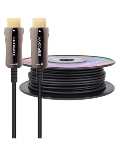 Nanocable 10.15.2150 Cable HDMI V2.1 AOC 8K@60Hz 4K@120Hz 48Gbps A/M-A/M, Negro, 50 m. Cable HDMI V2.1 AOC con conector tipo A macho en ambos extremos. IMPORTANTE: Este cable es UNIDIRECCIONAL, tiene que ser instalado de forma correcta para su funcionamiento. Consulte la información que aparece en ambos conectores del cable.