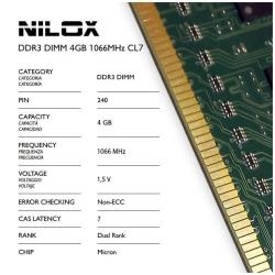 Nilox NXD41066M1C7 Ram Ddr3 Dimm 4Gb 1066Mhz Cl7 - Capacidad Total: 4 Gb; Tecnología: Ddr3 Tft; Frecuencia (Bus Clock Rate): 1.066 Mhz; Tipología: Dimm; Kit: No; Nombre Módulo: Pc3-10666; Generica: Sí
