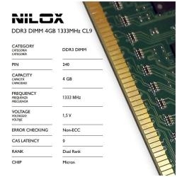 Nilox NXD41333M1C9 Ram Ddr3 Dimm 4Gb 1333Mhz Cl9 - Capacidad Total: 4 Gb; Tecnología: Ddr3 Tft; Frecuencia (Bus Clock Rate): 1.333 Mhz; Tipología: Dimm; Kit: No; Nombre Módulo: Pc3-10600; Generica: Sí