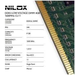 Nilox NXD4L1600M1C11 Ram Ddr3l Dimm 4Gb 1600Mhz Cl11 - Capacidad Total: 4 Gb; Tecnología: Ddr3l Tft; Frecuencia (Bus Clock Rate): 1.600 Mhz; Tipología: Dimm; Kit: No; Nombre Módulo: Pc3-12800; Generica: Sí