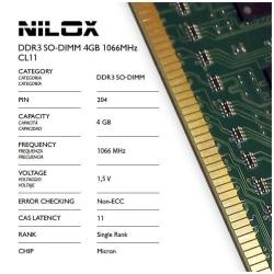 Nilox NXS41066M1C7 Ram Ddr3 So-Dimm 4Gb 1066Mhz Cl7 - Capacidad Total: 4 Gb; Tecnología: Ddr3 Tft; Frecuencia (Bus Clock Rate): 1.066 Mhz; Tipología: So-Dimm; Kit: No; Nombre Módulo: Pc3-8500; Generica: No
