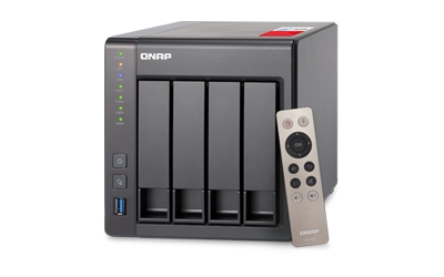 Qnap TS-451+-8G QNAP 4-Bay Tower NAS, Intel Celeron Quad-Core 2.0GHz (up to 2.42GHz), 8GB DDR3L RAM (max 8GB), SATA 6Gb/s, 2 x GbE, hardware transcoding, HDMI out with kodi, remote control included, Virtualization Station, Surveillance Station (max 40 Ch), max 1 UX-800P