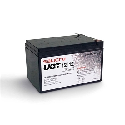 Salicru 013BS000003 Las baterías de la serie UBT de Salicru son acumuladores de energía altamente potentes y compactos, basados en sistemas recargables de plomo-dióxido de plomo, y son especialmente óptimos para las aplicaciones de Sistemas de Alimentacion Ininterrumpida SAI/UPS y otros sistemas de seguridad que requieren de un back-up de energía fiable y de calidad. La gama de baterías UBT de Salicru incluye los modelos de 4,5 Ah, 7 Ah, 9 Ah, 12 Ah y 17 Ah, todos a 12 V. El electrolito de ácido sulfúrico se encuentra absorbido por los separadores y placas. Y éstas a su vez inmovilizadas. Están diseñados utilizando la tecnología de recombinación de gas que elimina la necesidad para la adición regular de agua mediante el control de la evolución de hidrógeno y oxígeno durante la carga. La batería está completamente sellada y hermética y por lo tanto es libre de mantenimiento, permitiendo ser utilizada en cualquier posición. En el caso que accidentalmente la batería sea sobrecargada produciendo hidrógeno y oxígeno, unas válvulas especiales unidireccionales permiten que los gases salgan al exterior evitando la sobrepresión en su interior.CARACTERÍSTICASTecnología de batería: Sealed Lead Acid (VRLA)Voltaje de la pila: 12 VNúmero de baterías incluidas: 1 pieza(s)Color del producto: NegroCapacidad de la batería: 12 AhNúmero de celdas de batería: 6Duración de batería: 5 año(s)Máxima corriente de descarga: 180 ACertificación: CE, WEEECompatibilidad: SLC Cube3, Cube STR, Cube3+, AdaptPESO Y DIMENSIONESPeso: 3,67 kgAncho: 98 mmAltura: 95 mmProfundidad: 151 mmCONDICIONES AMBIENTALESIntervalo de temperatura operativa: -10 - 50 °CIntervalo de temperatura de almacenaje: -20 - 50 °C