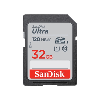 Sandisk SDSDUN4-032G-GN6IN SanDisk Ultra. Capacidad: 32 GB, Tipo de tarjeta flash: SDHC, Clase de memoria flash: Clase 10, Tipo de memoria interna: UHS-I, Velocidad de lectura: 120 MB/s, Clase de velocidad UHS: Class 1 (U1), Clase de velocidad de vídeo: V10. Funciones de protección: Resistente a golpes, Resistente a la temperatura, Resistente al agua, A prueba de rayos X, Color del producto: Negro