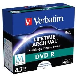 Verbatim 43821 M-Disc Dvd R Print P5 Jewell 4 7Gb - Tipología: Dvd+R; Capacidad: 4,70 Gb; Paquete: Jewel Case; Número Unidades: 5; Dual Layer: No