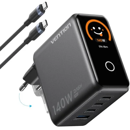 Cargador De Pared Gan Vention Tz-Fcoh0-Eu/ 3Xusb Tipo-C + Cable Usb Tipo-C/ 1Xusb/ 140W