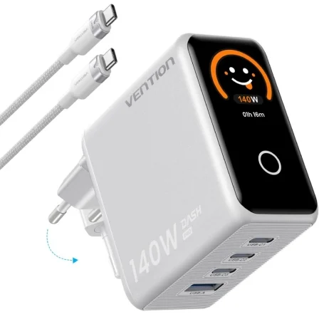 Cargador De Pared Gan Vention Tz-Fcoi0-Eu/ 3Xusb Tipo-C + Cable Usb Tipo-C/ 1Xusb/ 140W
