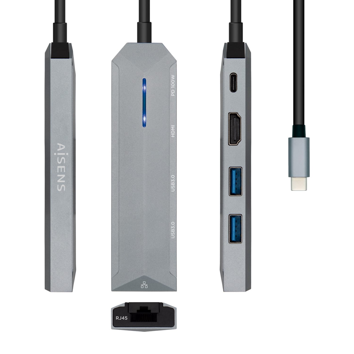 Docking USB Tipo-C Aisens Asuc-5P003-Gr/ 1Xhdmi 4K/ 2Xusb/ 1Xrj45/ 1Xusb Tipo-C Pd/ Gris
