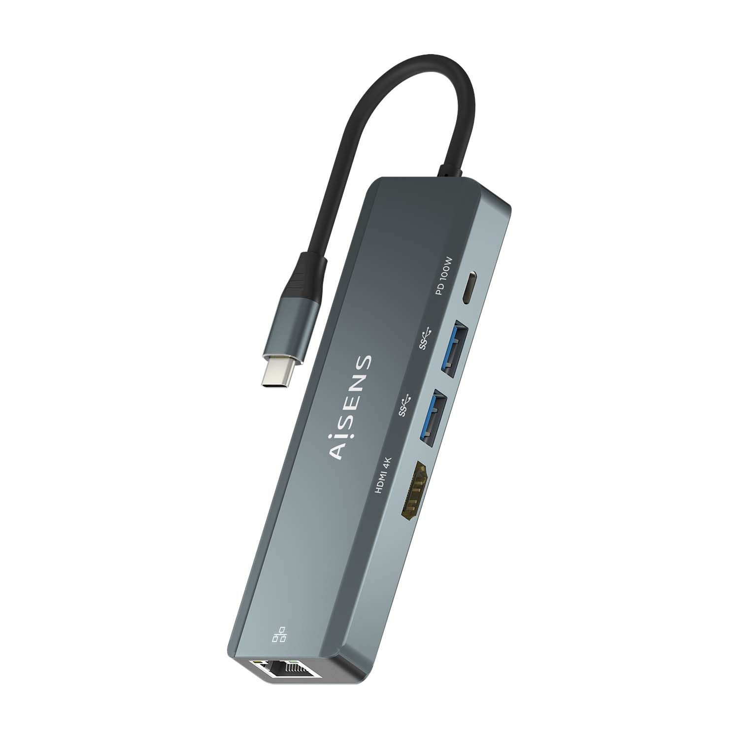 Docking USB Tipo-C Aisens Asuc-5P011-Gr/ 1Xhdmi 4K/ 2Xusb/ 1Xrj45/ 1Xusb Tipo-C/ 1Xusb Tipo-C Pd/ Gris