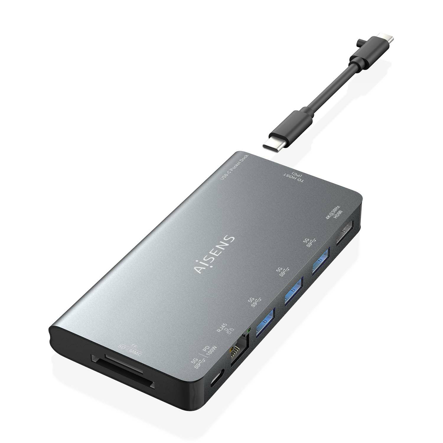 Docking USB Tipo-C Aisens Asuc-8P015-Gr/ 1Xhdmi 4K/ 3Xusb/ 1Xrj45/ 1Xlector Tarjetas / 1Xusb Tipo-C/ Gris