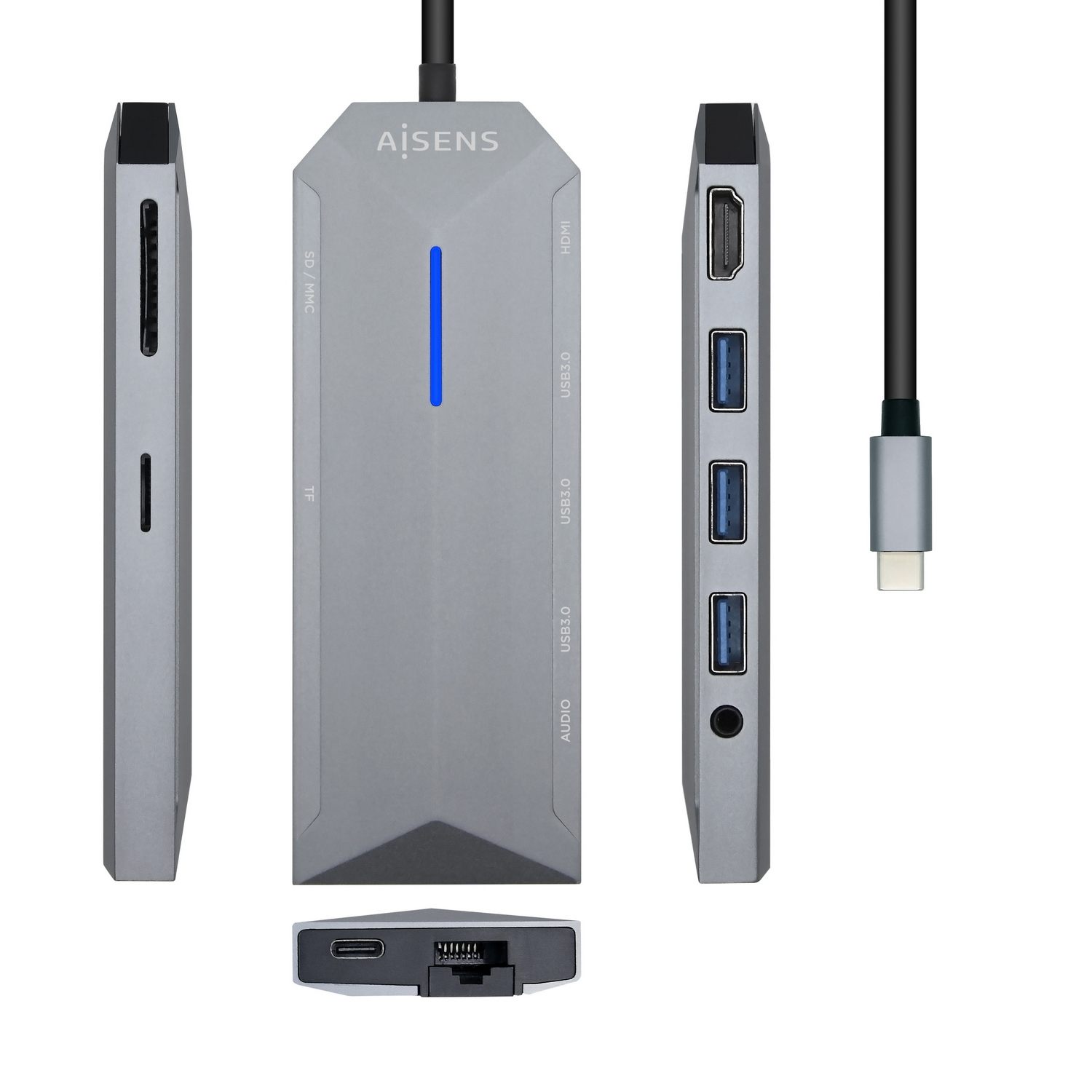 Docking USB Tipo-C Aisens Asuc-9P001-Gr/ 1Xhdmi 4K/ 3Xusb/ 1Xrj45/ 1Xaudio/ 1Xlector Tarjetas / 1Xusb Tipo-C Pd/ Gris