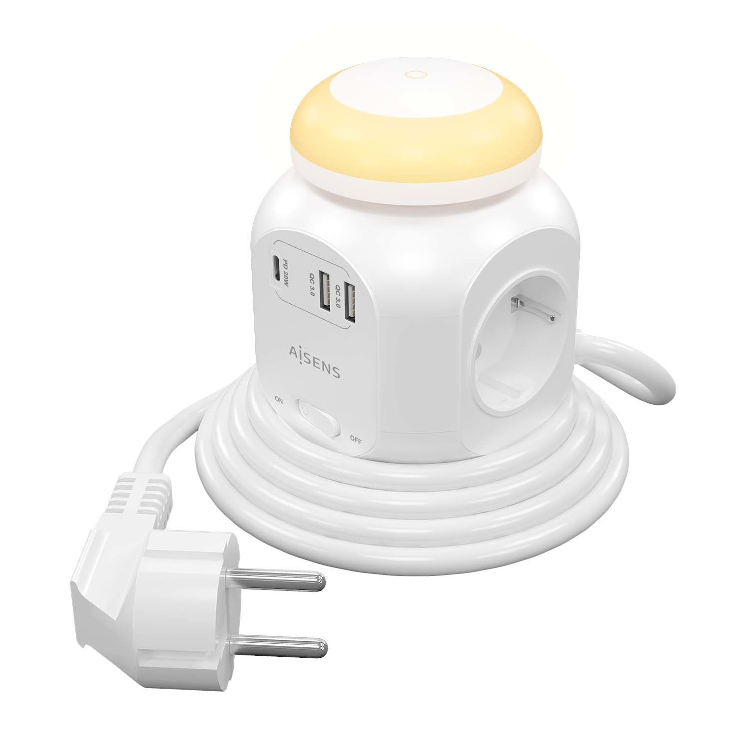 Regleta Con Interruptor Y Luz Nocturna Aisens Asps-2A1clpq02-W/ 4 Tomas De Corriente/ 1 USB Tipo-C Pd/ 2 USB/ Cable 1.8M/ Blanco