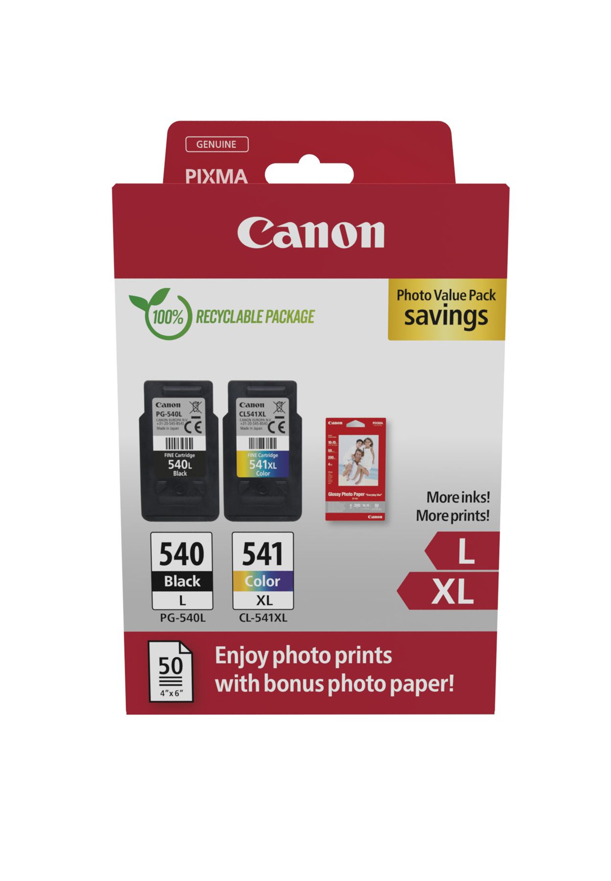 Cartucho De Tinta Original Canon Pg-540L + Cl-541 Xl Multipack Alta Capacidad/ Negro/ Tricolor + Papel Fotográfico