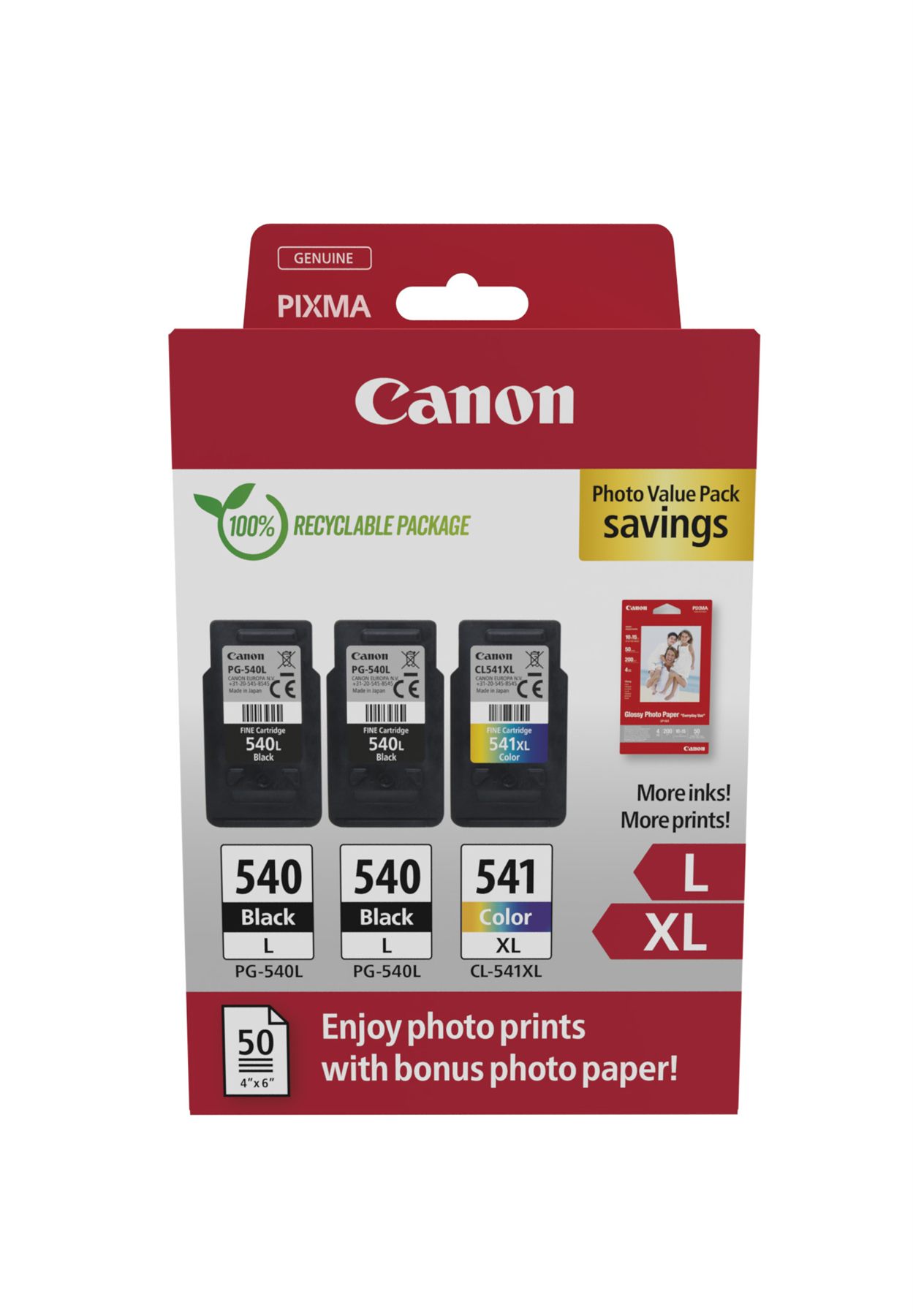 Cartucho De Tinta Original Canon Pg-540L + Cl-541 Xl Multipack Alta Capacidad/ 2X Negro/ Tricolor + Papel Fotográfico