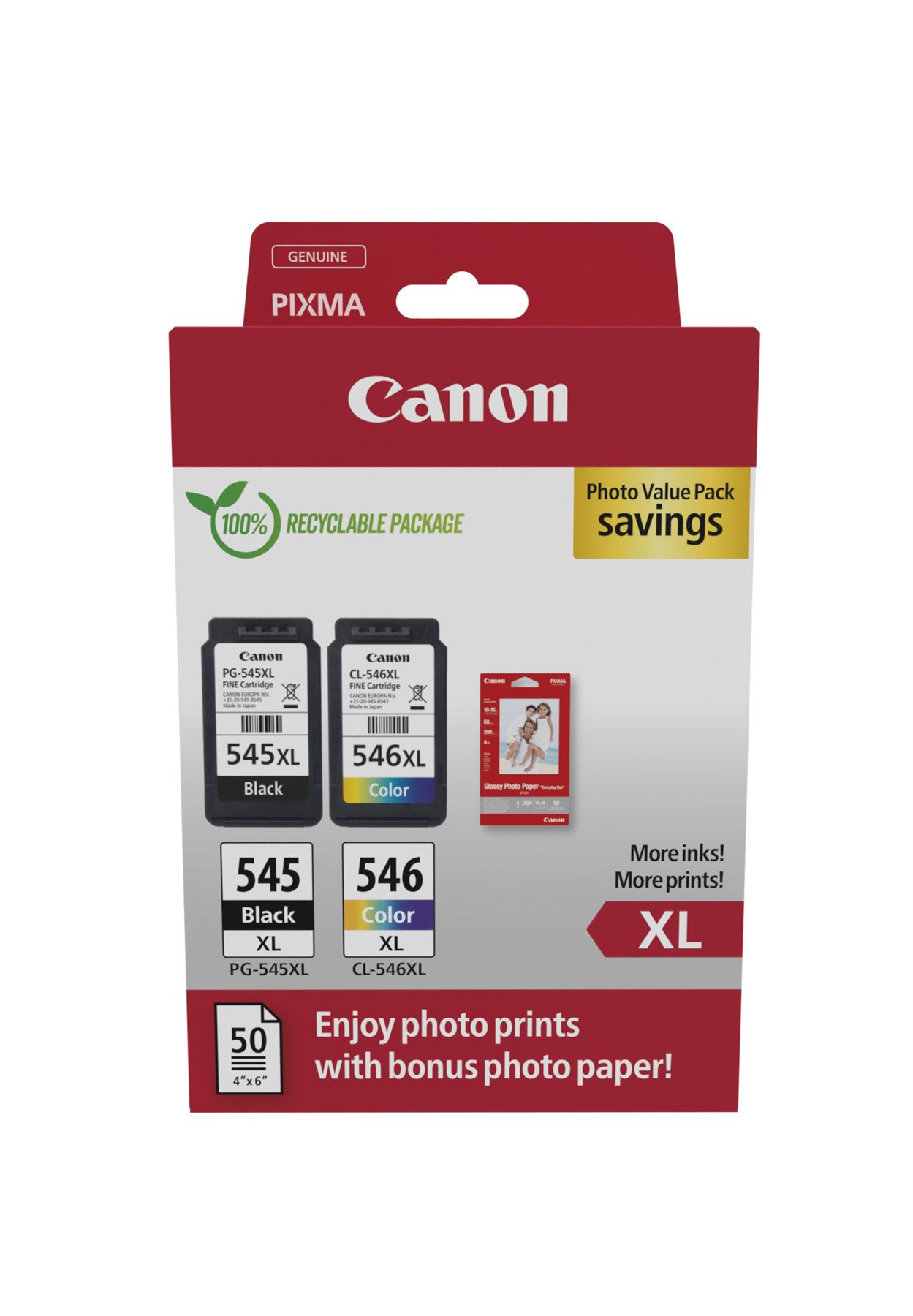 Cartucho De Tinta Original Canon Pg-545Xl + Cl546xl Multipack Alta Capacidad/ Negro/ Tricolor + Papel Fotográfico