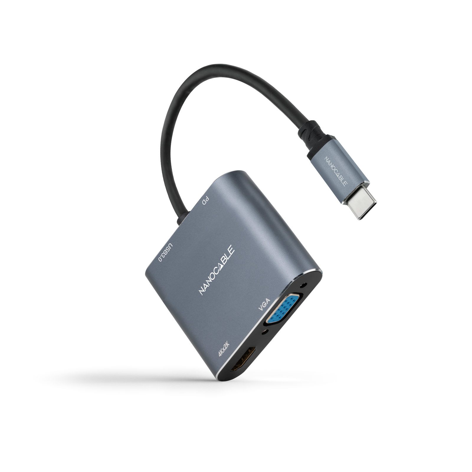 Conversor Nanocable 10.16.4304/ USB Tipo-C Macho/ HDMI 4K Hembra - Vga Hembra - USB Tipo-C Pd Hembra - USB Hembra/ 15 Cm/ Gris