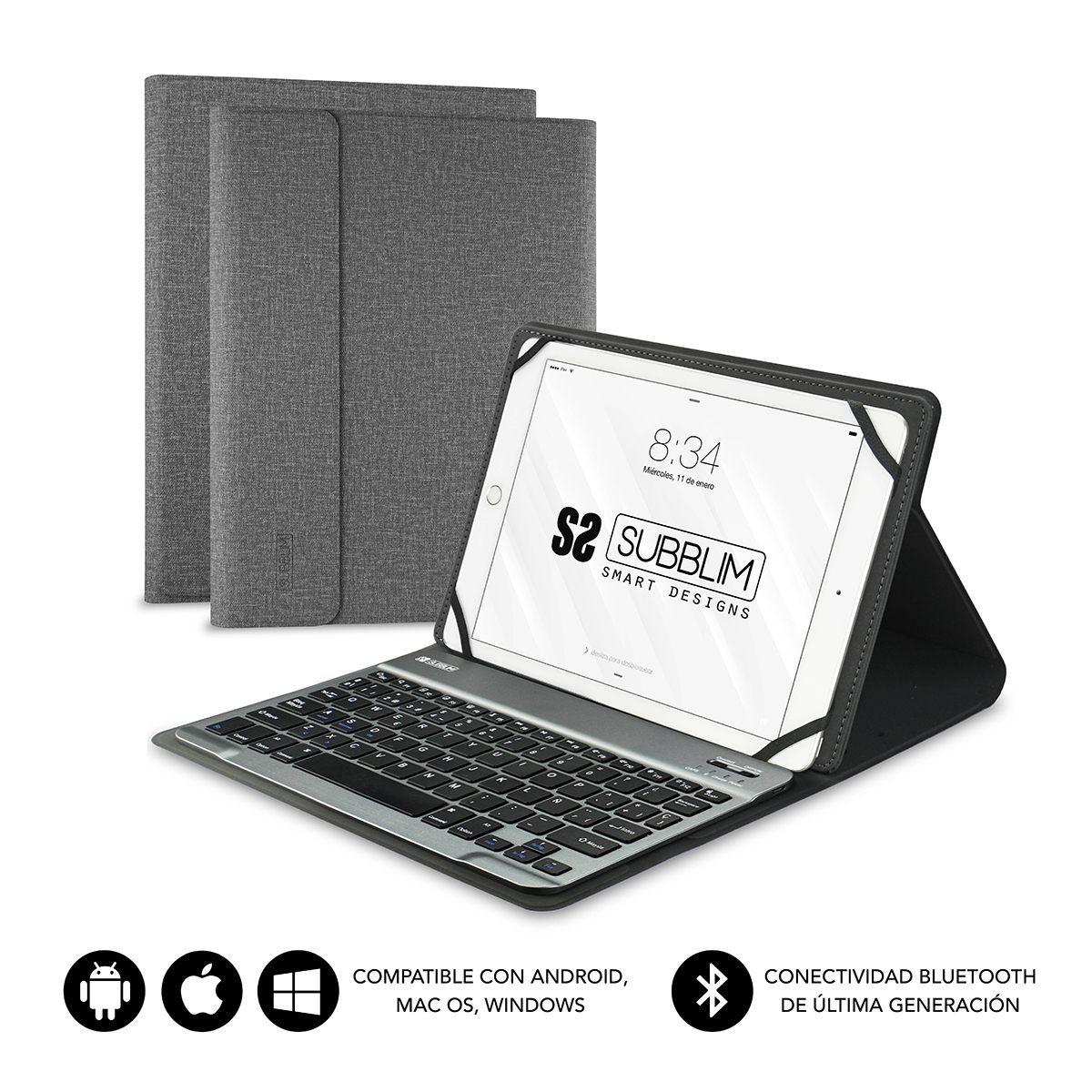 Funda Con Teclado Subblim Keytab Pro Bluetooth Para Tablets De 9.6"-10.8"/ Gris
