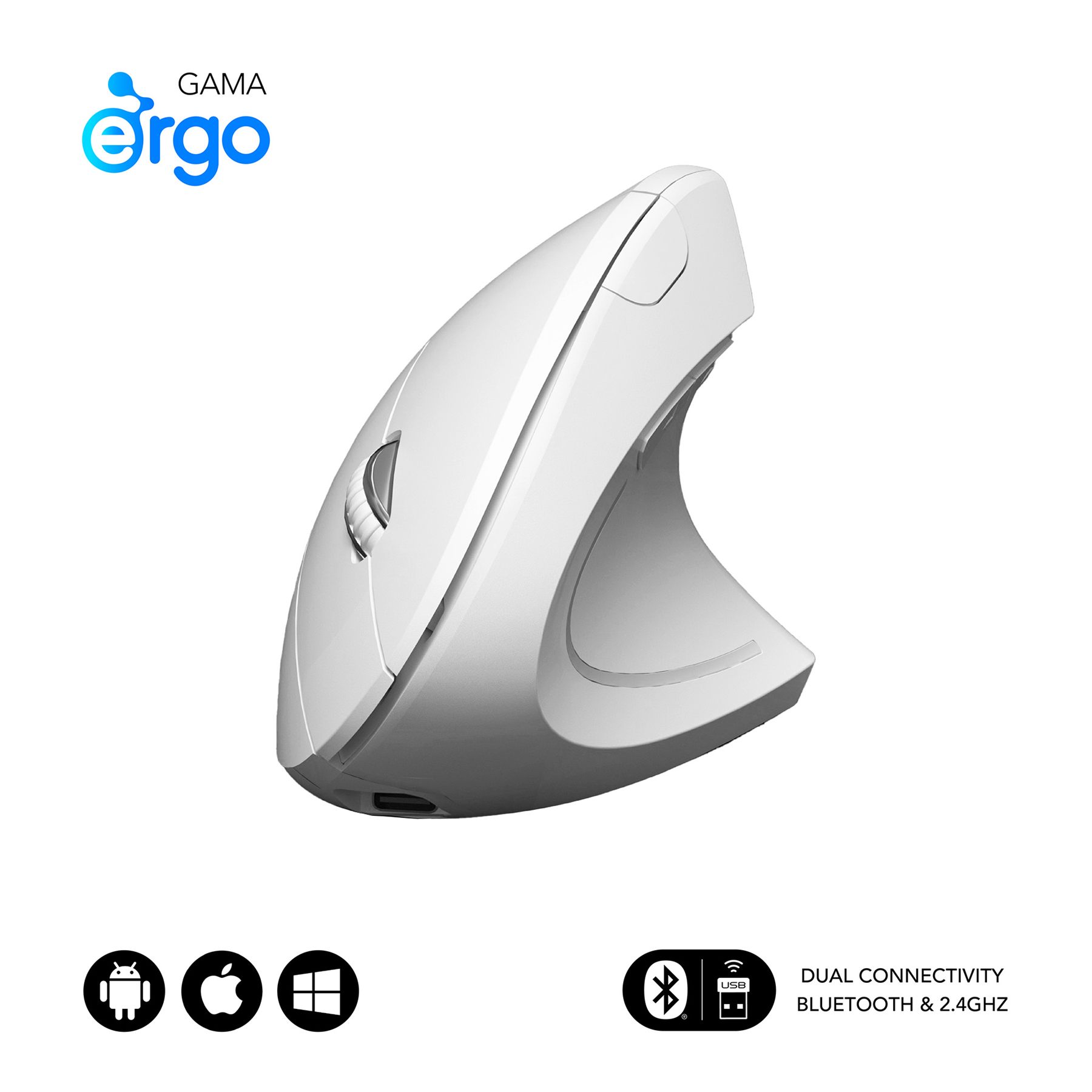 Ratón Vertical Inalámbrico Subblim Glide Vertical Ergo Dual Battery/ Batería Recargable/ Hasta 1600 Dpi/ Blanco