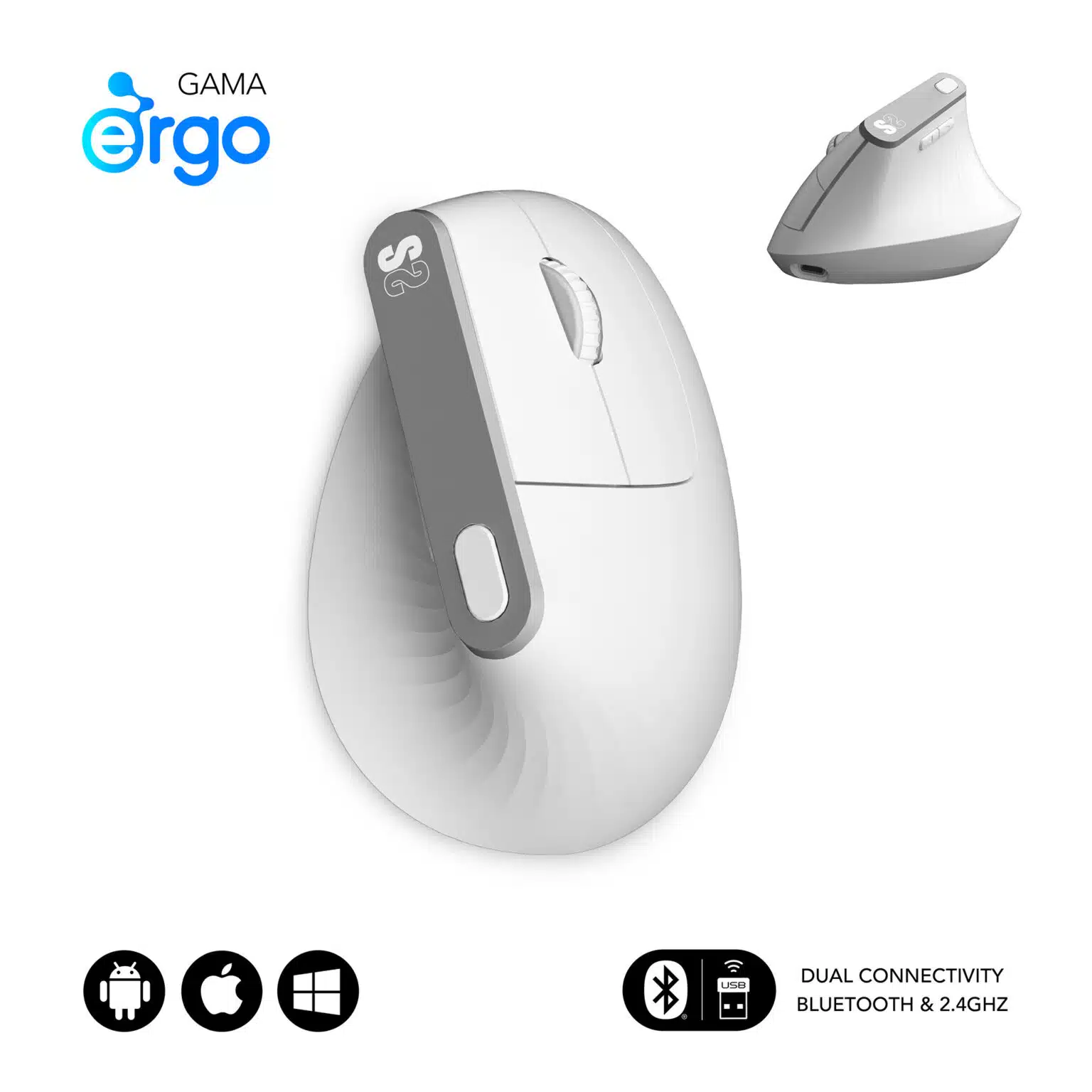 Ratón Vertical Inalámbrico Subblim Nature Vertical Ergo Dual Battery/ Batería Recargable/ Hasta 4000 Dpi/ Blanco