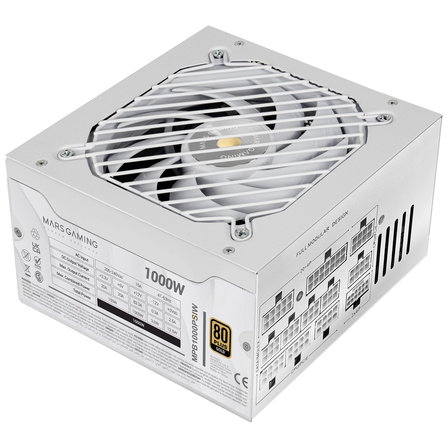 Fuente De Alimentación Mars Gaming Mpb1000psi/ 1000 W/ Ventilador 14 Cm/ Atx 3.1/ PCIe 5.1/ 80 Plus Gold/ Blanca