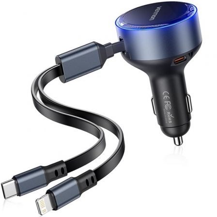 Cargador De Coche Vention Ffob0/ 1Xusb Tipo-C Macho/ 1Xusb Tipo-C Hembra/ 1Xlightning Macho/ 30W