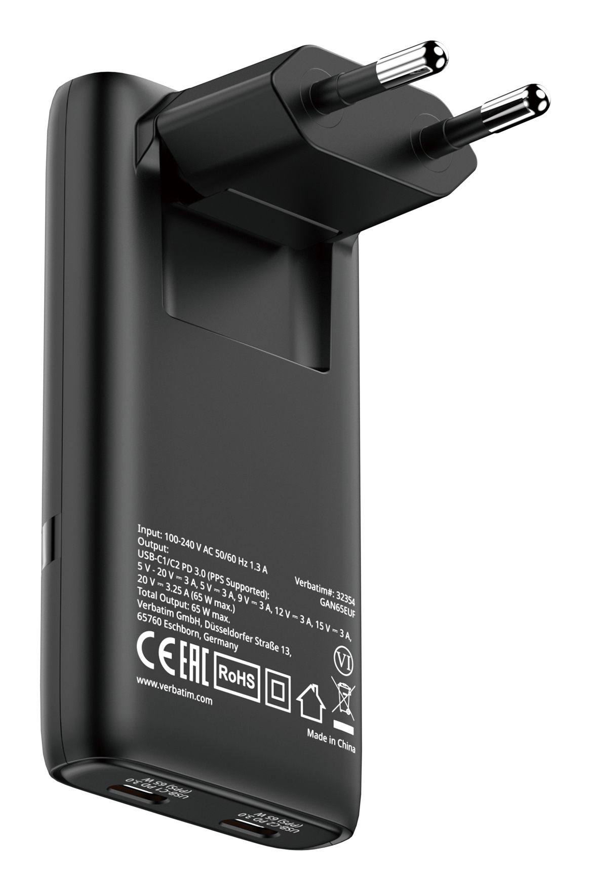 Cargador De Pared Gan Verbatim Fold 'N' Go/ 2Xusb Tipo-C/ 65 W