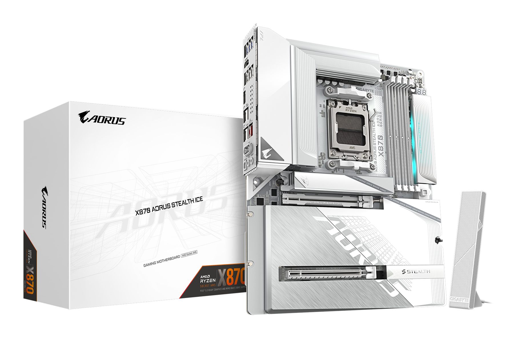 Gigabyte 9MX87STLE-00-G10 X870 Aorus Stealth Ice Placa Base – Compatible Con Procesadores AMD Ryzen 9000, Vrm Digital De 16+2+2 Fases, Hasta 8200 MHz DDR5 (Oc), 2 X PCIe 5.0 + 2 X PCIe 4.0, Wi-Fi 7, Lan 5 Gbe, USB 4
