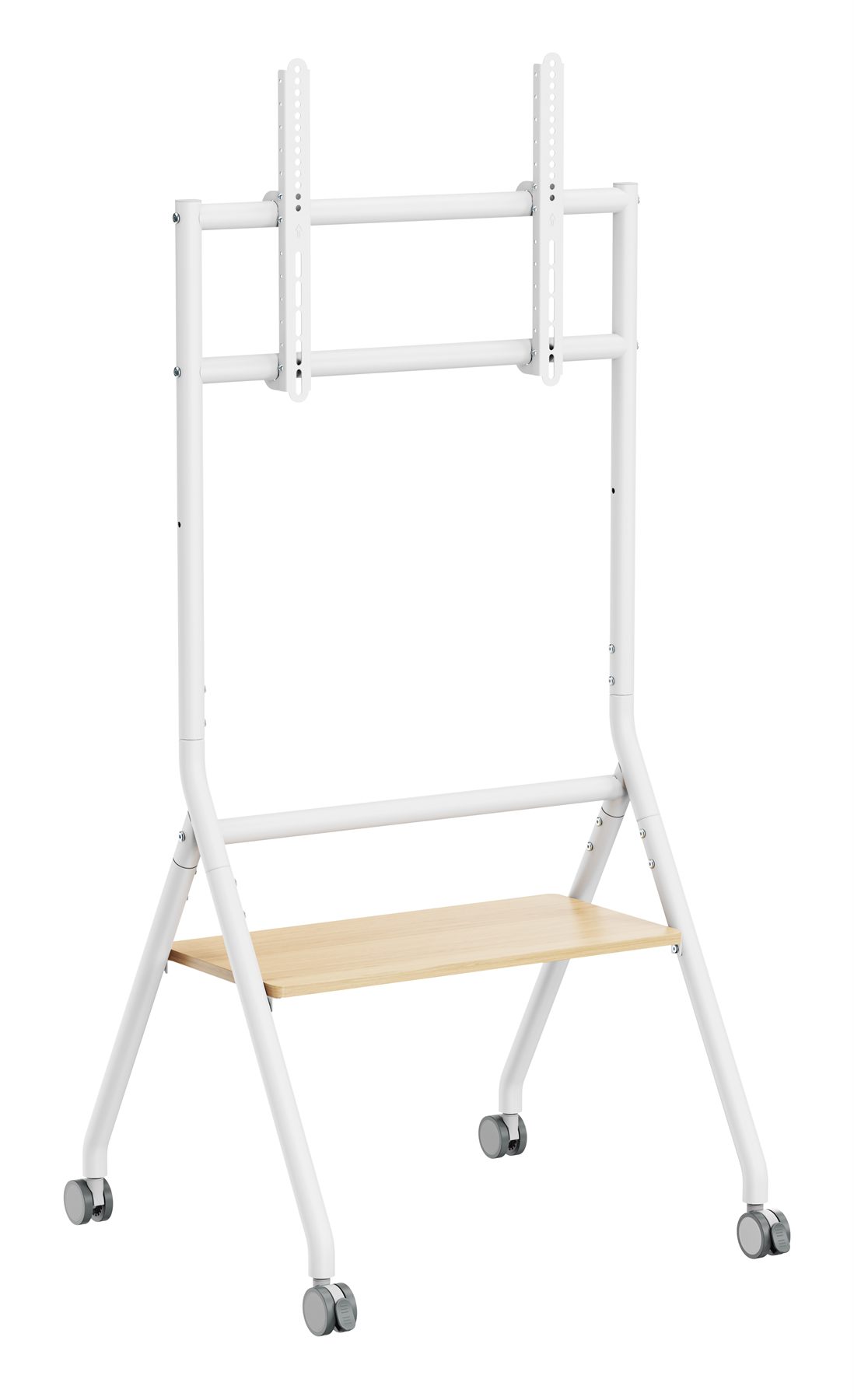 Ewent EW1582 Soporte De Suelo Para Tv Resistente, De 37" A 86", Con Estante, Vesa Máximo 600X400, Capacidad De Carga De 80 Kg, Altura Ajustable, Con Ruedas, Color Blanco.
