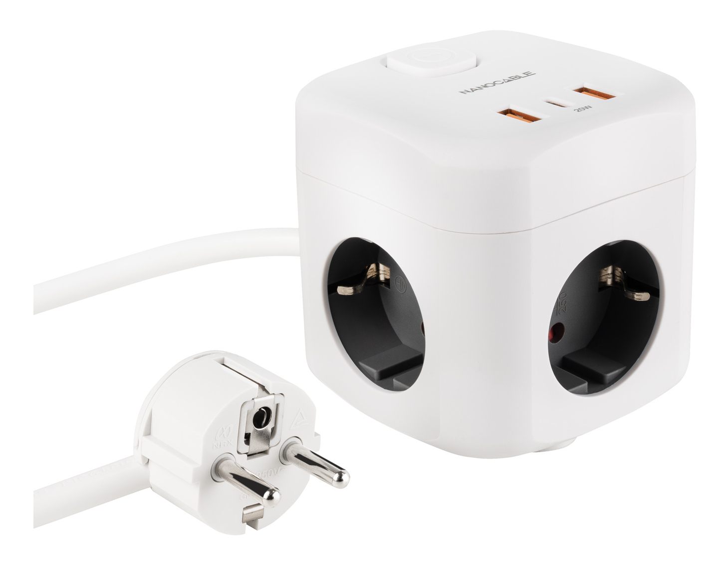 Nanocable Base De 3 Enchufes Con 3 USB (2 USB-A + 1 USB-C), Gan + Pps, Pd 20 W, Con Interruptor, Blanco