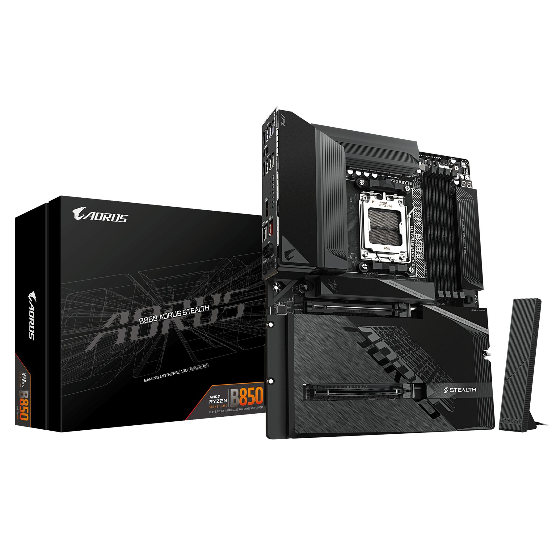 Gigabyte B850 Aorus Stealth Placa Base – Cpus AMD Ryzen Serie 9000, Vrm Digital De 14+2+2 Fases, Hasta 8200 MHz DDR5 (O.C.), 2× M.2 PCIe 5.0 + 2× M.2 PCIe 4.0, Wi-Fi 7, Lan 5 Gbe, USB 3.2 Gen 2