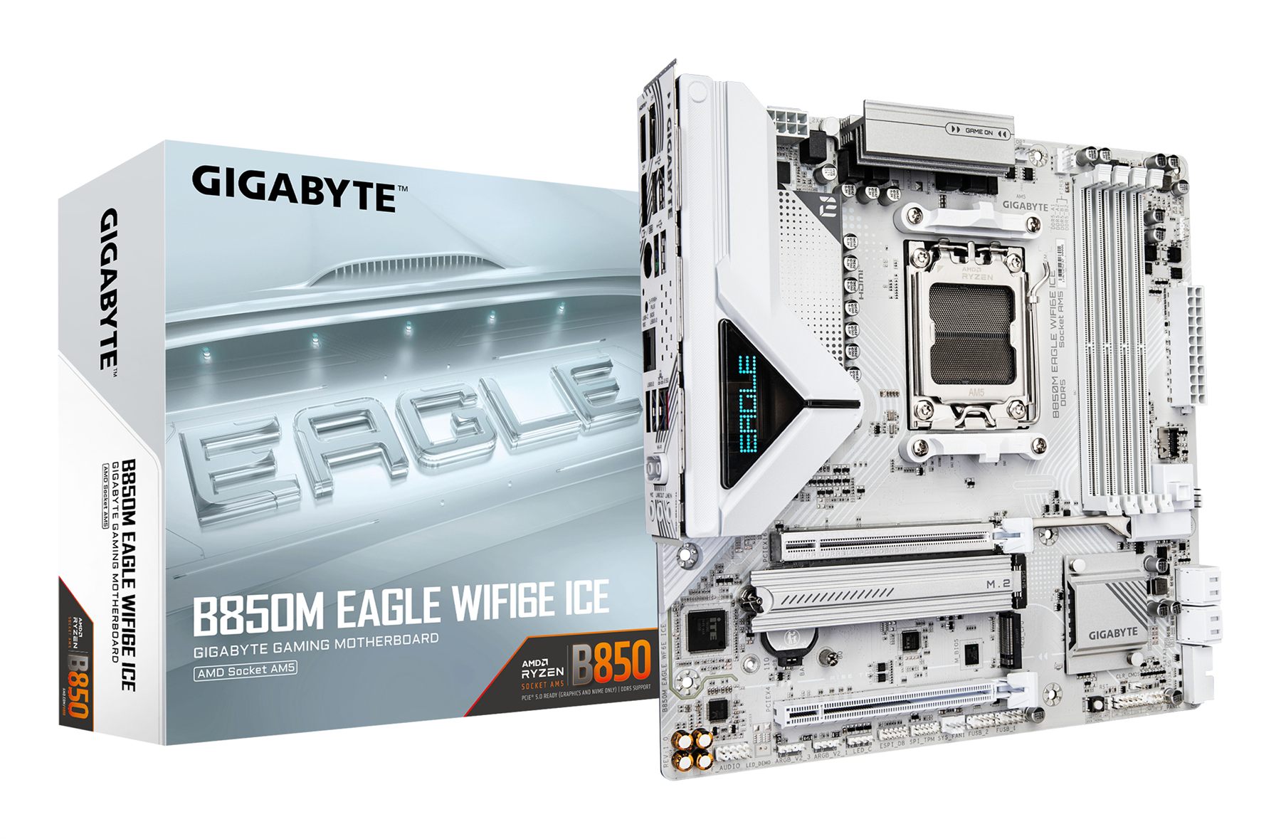 Placa Gigabyte B850m Eagle Wifi6e Ice (Blanco),AMD,Am5,B850,4Ddr5,256 GB,1Hdmi+1Dp,4Sata3+3M.2,Gbelan+Wifi6e+Bt5.3,4Usb3.2,Matx