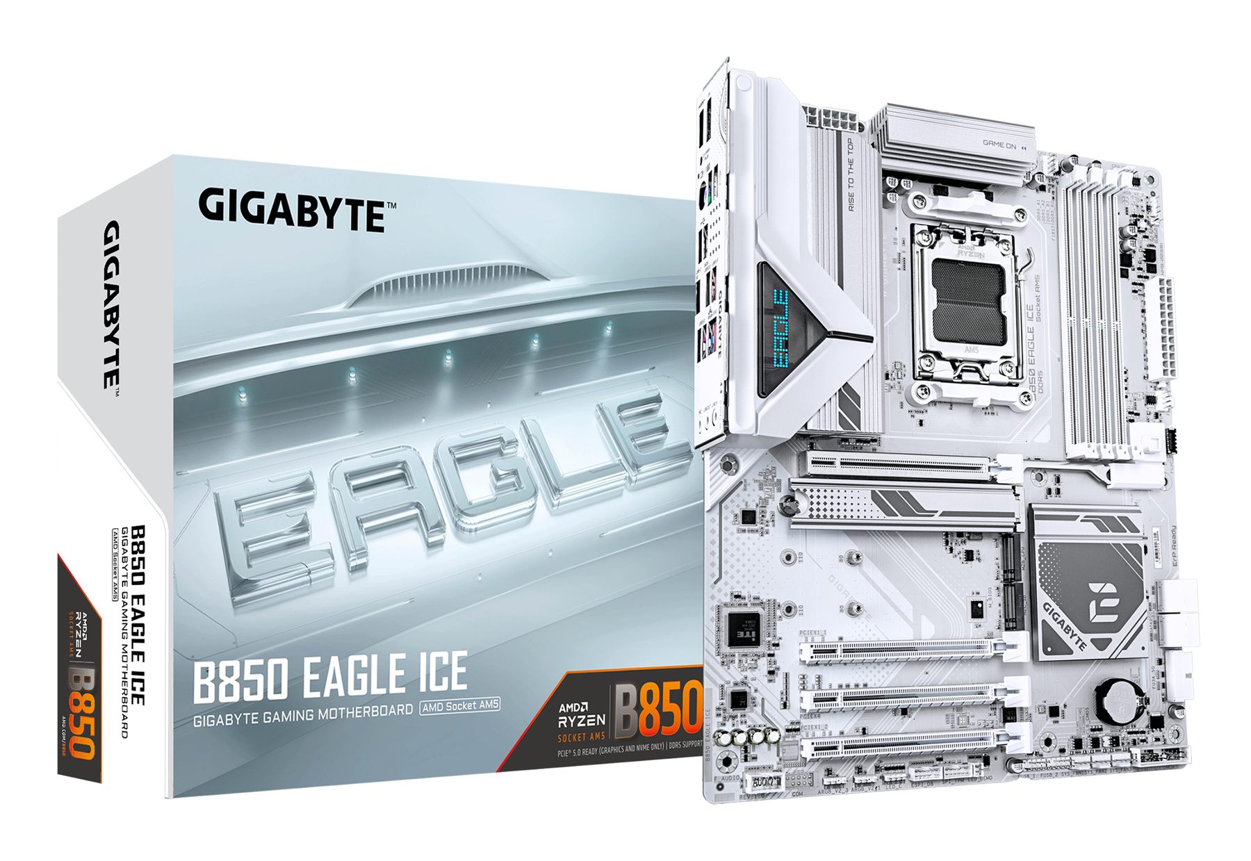 Placa Gigabyte B850 Eagle Ice (Blanco),AMD,Am5,B850,4Ddr5,256 GB,1Hdmi+1Dp,4Sata3+3M.2,2.5Gbe,5Usb3.2,Atx