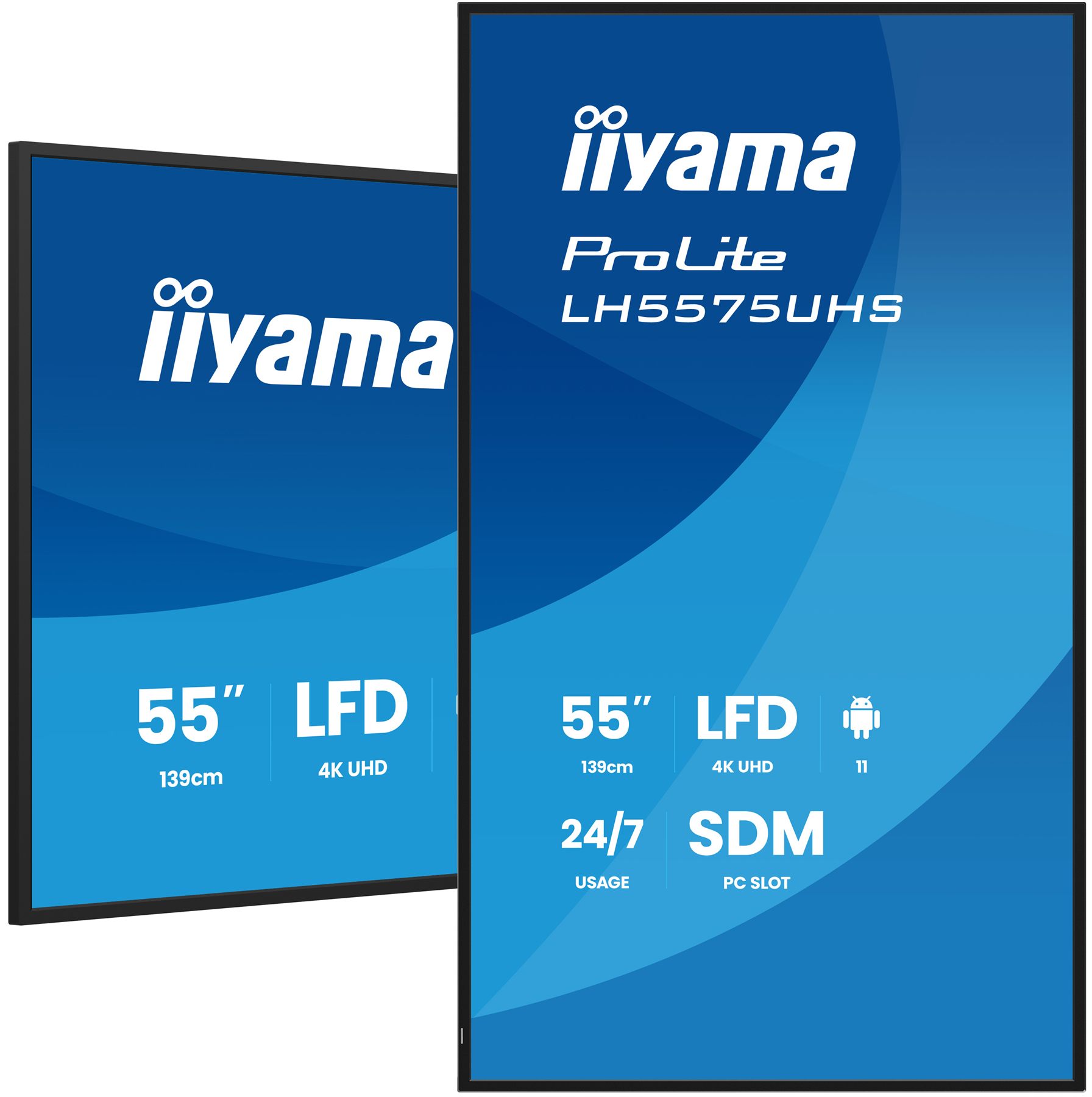 Monitor Iiyama 55" 3840X2160, UHD Va, 500Cd/M2, Horiz Vert,Failover,Mm 2X 10W, HDMI 3X, Dp, Dp-Out, USB 2.0 X2, Wifi, Lan, Media Play USB, Lan / Rs232c, Iisignage2, Iishare, Iicontrol Android 11, Pc-Slot Sdm-L, 24/7, Vesa 400X400 (Lh5575uhs-B2ag)