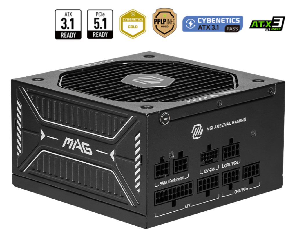 Fuente Alimentacion MSI Mag A750gls Pcie5,Psu,750 W,80 Plus Gold,Modular,120 Mm,Active Pfc,Pci-E 5.0 (16 Pin)X1,Pci-E (6+2 Pin)X4,Sata (15 Pin)X5