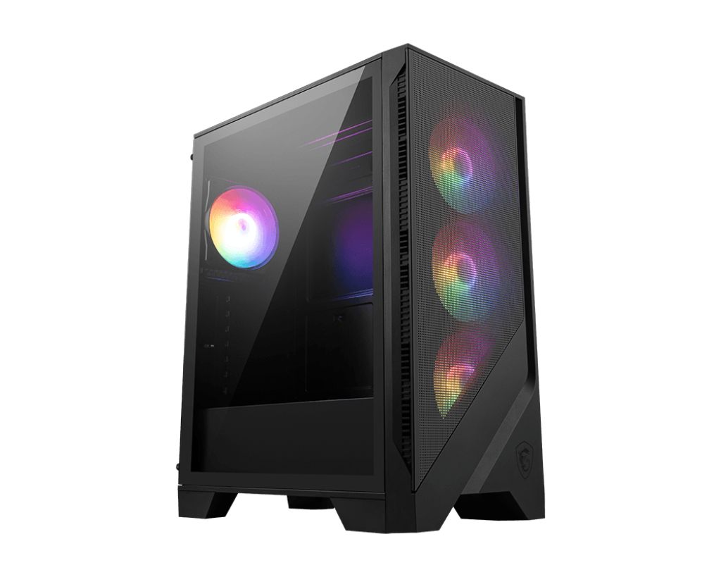 Caja MSI Mag Forge 121A Airflow,1X2.5"+2X2.5”/3.5”,F:3X120 mm+T:1X120 mm+R:1X120 mm (Argb),2Xusb3.2,+Audio+Micro,Rgb,Mid-Tower,Negra