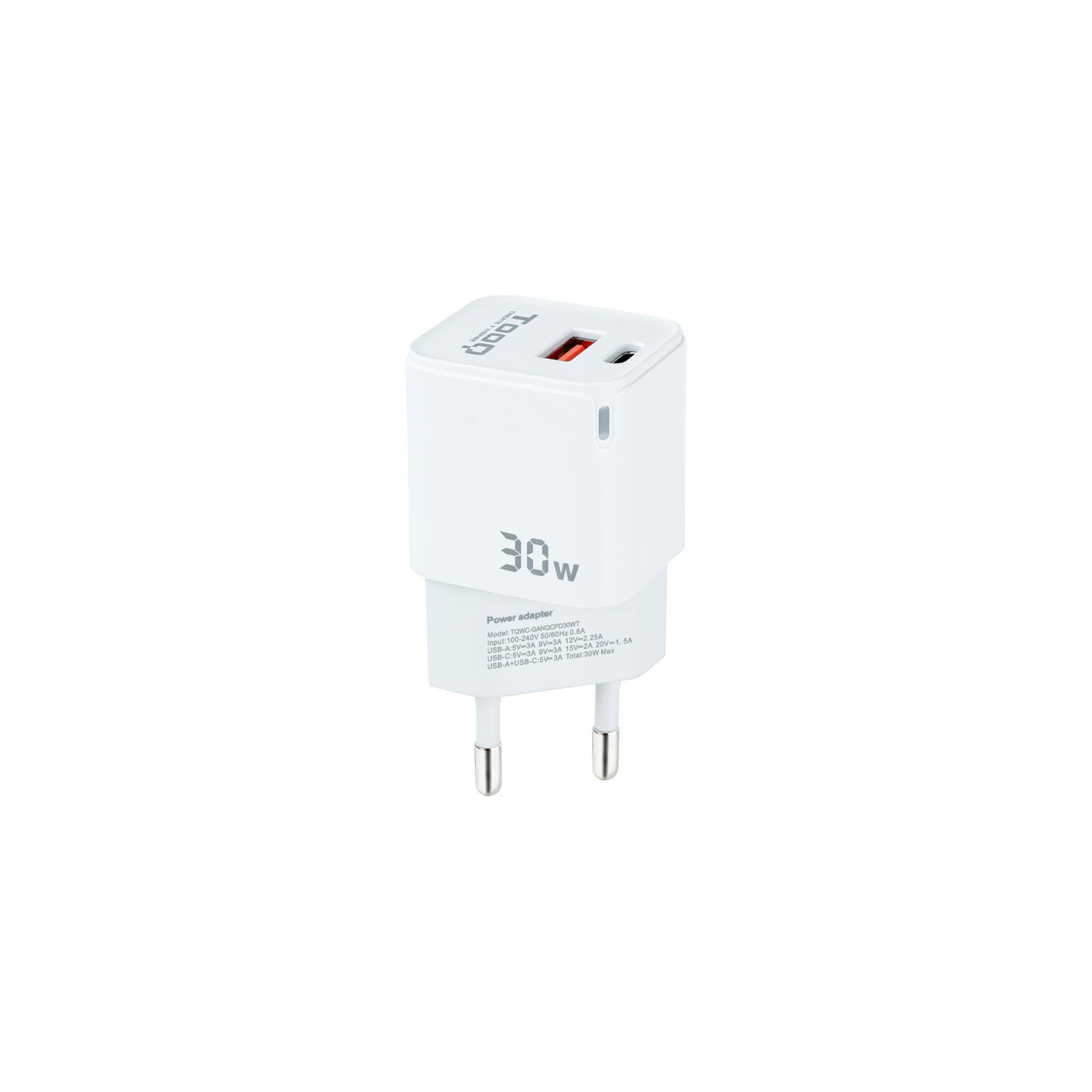 Tooq Cargador De Pared Gan USB-C/Pd + USB-A/Qc 30 W, Blanco