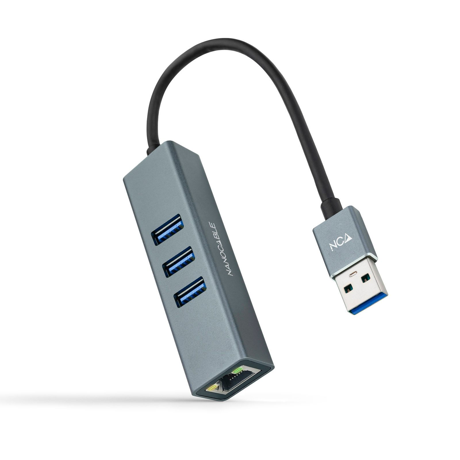 Nanocable Conversor USB 3.0 A Ethernet Gigabit + 3Xusb 3.0, Aluminio, Gris, 15 Cm