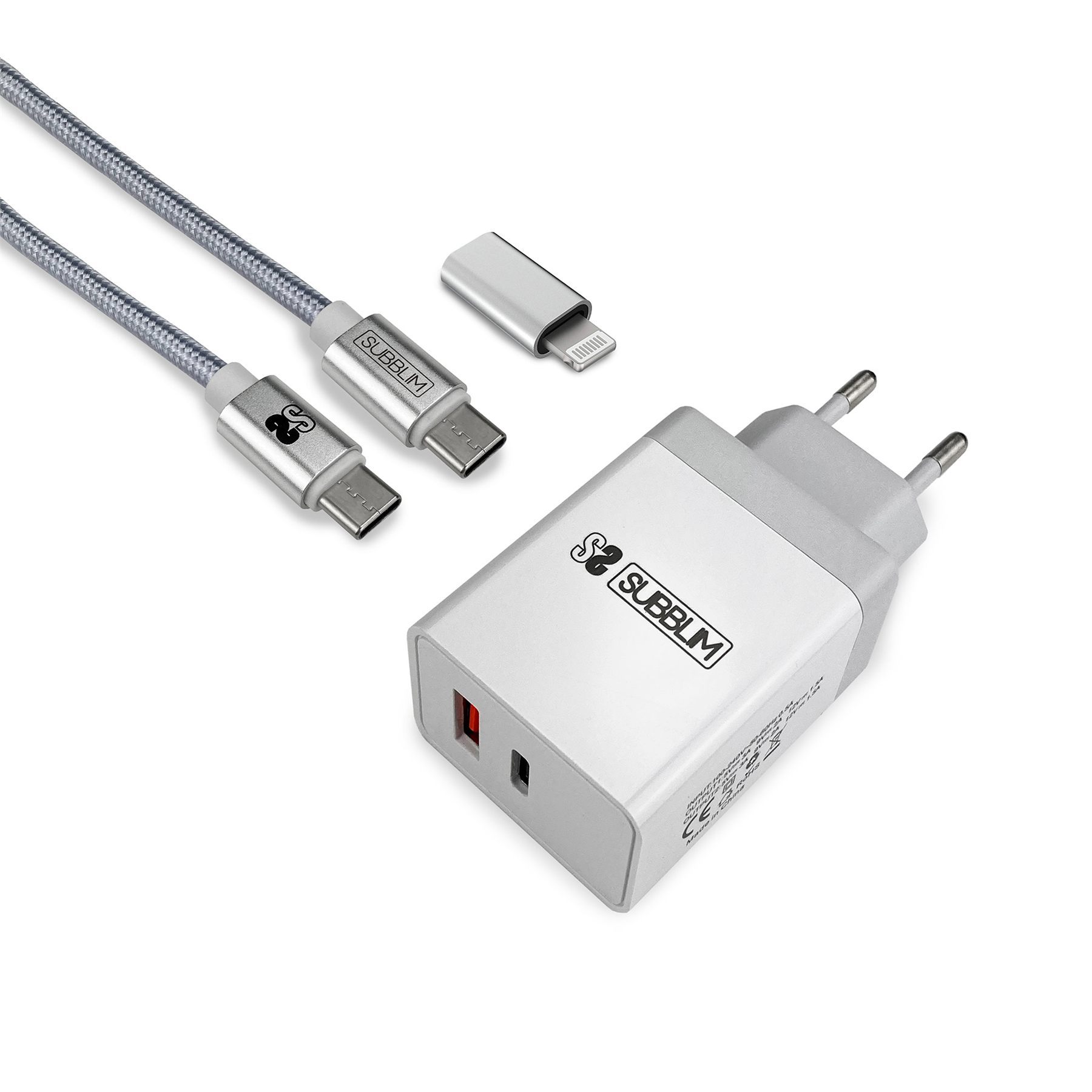 Subblim Cargador Ultra Rapido 2Xusb De Pared Pd25w+Qc3.0+Cable C To C Y Lightning Blanco