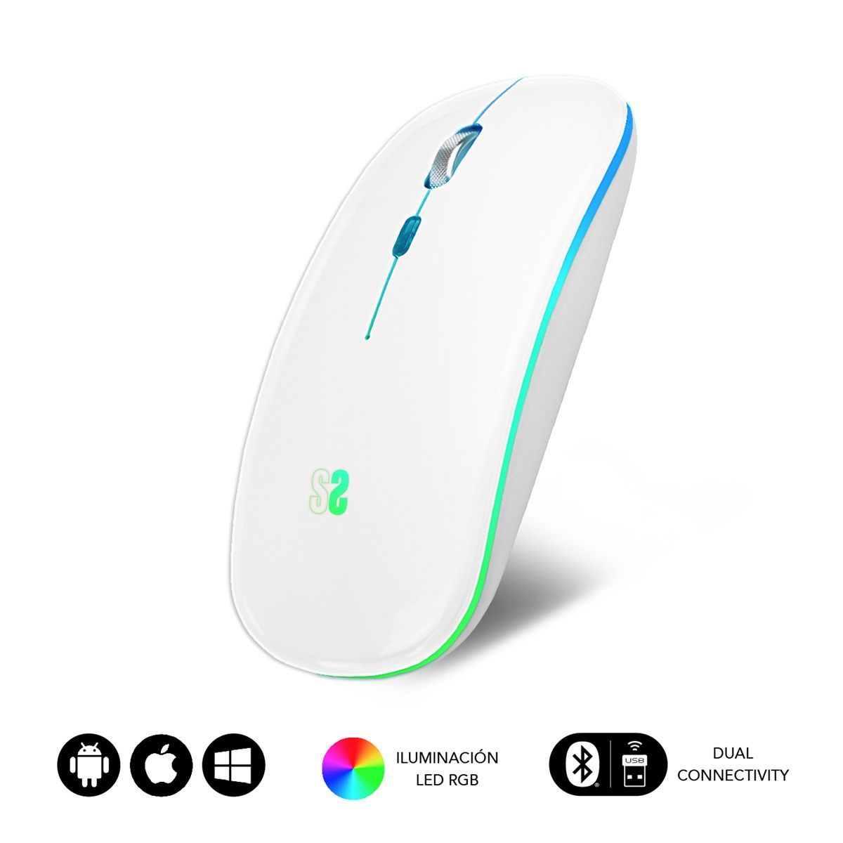 Ratón Óptico Inalámbrico 2.4G Y Bt Rgb Led Dual Flat Mouse White