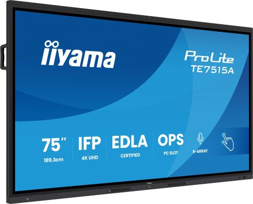 Iiyama 75" Stylish Ifp,  (Edla)/Android 14,8 Core Soc, 8/128Gb, 40-Pts, Uhd Va, Nfc, Pir , Mm 2X20w +20W Sbuw, 8-Array Micro, 2Xhdmi, Hdmi-Out, Dp, Usb-C100w Pd/ Mini-Jack / Opt.Out, 550Cd/M2, L/S Mode, Ag Glass, Lan, Wifi6, Bt5.0/Iiware, Pc Slot,800