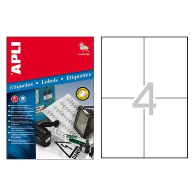 Apli 1227 Etiquetas Autoadhesivas Color Blanco De Cantos Rectos Tama?O 105 X 148 Mm Con Adhesivo Permanente. Pack Con 20 Hojas (80 Etiquetas Autoadhesivas). Etiquetas Autoadhesivas De Poliester Con Acabado Mate Resistentes A La Intemperie Y A La Corrosion Ambiental. Soportan Condiciones Extremas Resistiendo Temperaturas De Entre -20?C Hasta +100?C. Ideales Para Marcaje De Elementos Y Se?Alizaciones Exteriores. Aptas Para Impresion Laser O Fotocopiadoras.