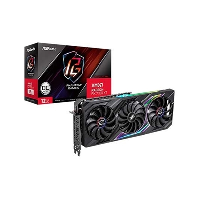 Asrock 90-GA4LZZ-00UANF Asrock Phantom Gaming Radeon RX 7700 XT. Familia de procesadores de gráficos: AMD, Procesador gráfico: Radeon RX 7700 XT. Capacidad memoria de adaptador gráfico: 12 GB, Tipo de memoria de adaptador gráfico: GDDR6, Ancho de datos: 192 bit. Máxima resolución: 7680 x 4320 Pixeles. Versión DirectX: 12 Ultimate, Versión OpenGL: 4.6. Tipo de interfaz: PCI Express x16 4.0. Tipo de enfriamiento: Activo, Número de ventiladores: 3 Ventilador(es), Iluminación de color: Multi